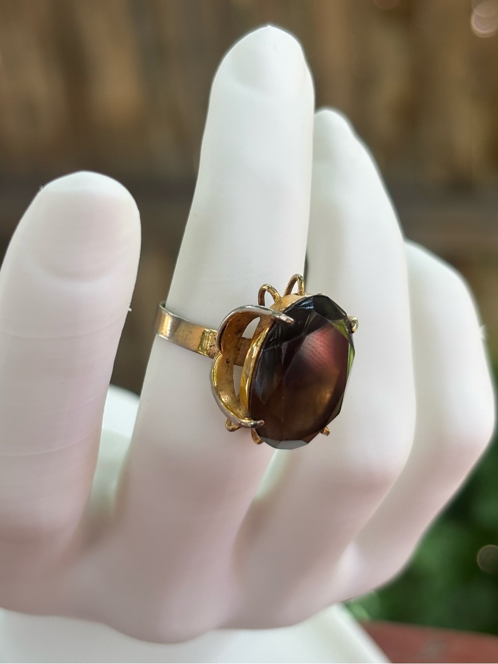Vintage Sterling Silver Sz 6.5 Smoky Quartz Oval Statement Ring Large Gold Tone